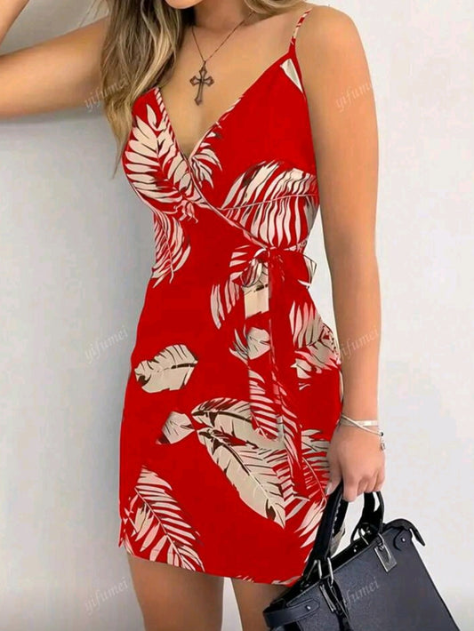 #5521 V-Neck Spaghetti Strap Tropical Plant Print Tie Waist Dress