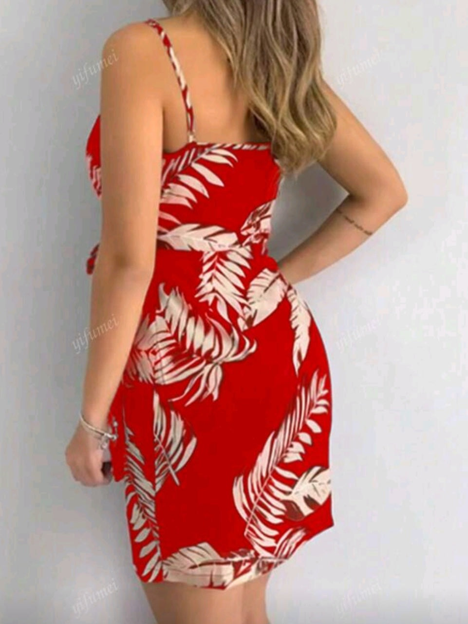 #5521 V-Neck Spaghetti Strap Tropical Plant Print Tie Waist Dress