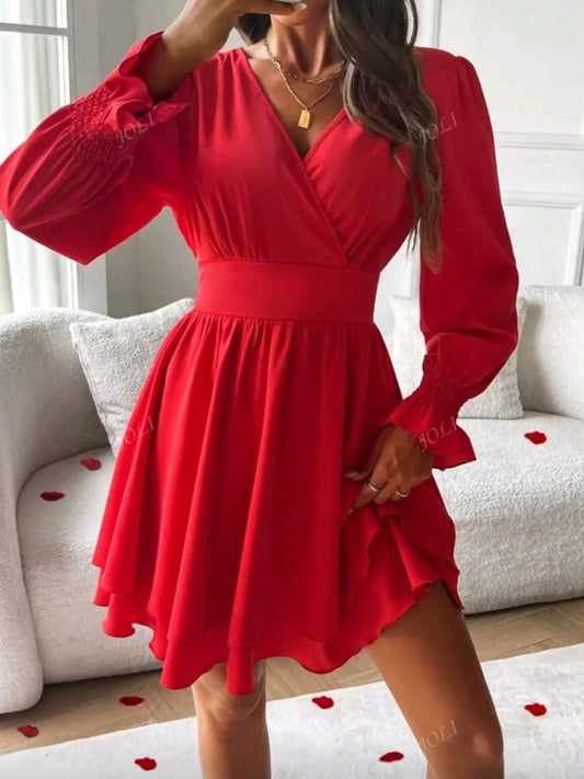 #7792 V-Neck Long Sleeve Solid Color Dress