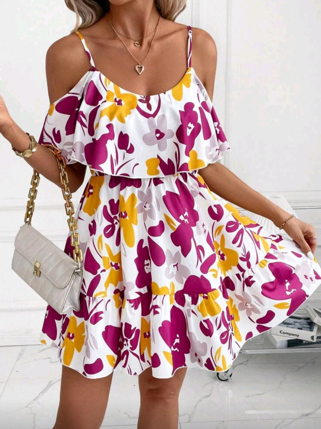 #4777 Elegant Off-Shoulder Ruffle A-Line Colorful Printed Dress