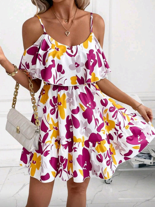 #4777 Elegant Off-Shoulder Ruffle A-Line Colorful Printed Dress
