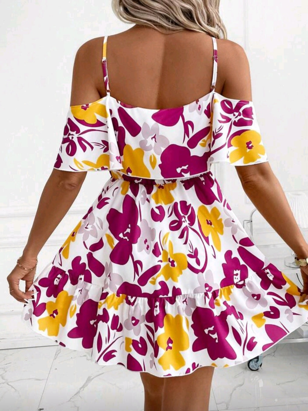 #4777 Elegant Off-Shoulder Ruffle A-Line Colorful Printed Dress