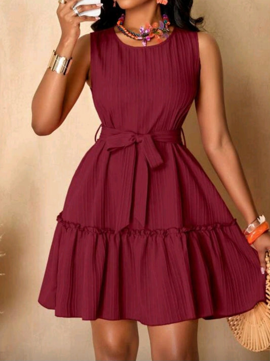 #5757 (6449) Solid Color Ruffle Hem Dress