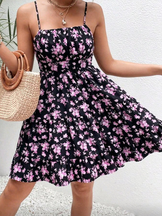 #1412 Allover Floral Print Ruffle Hem Cami Dress