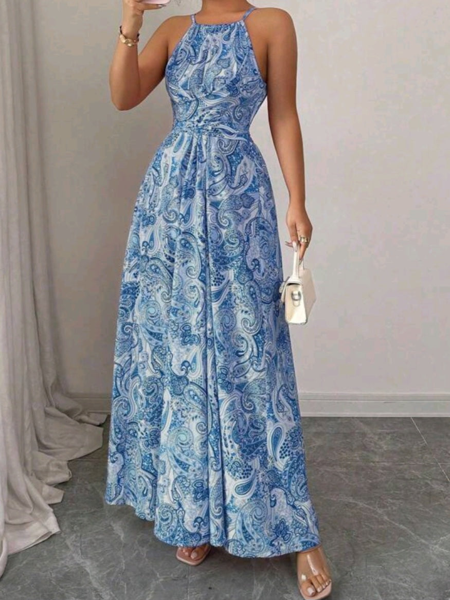 #3046 Sleeveless Halter Waist Gathering Printed A-Line Dress