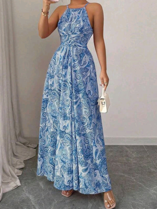 #3046 Sleeveless Halter Waist Gathering Printed A-Line Dress