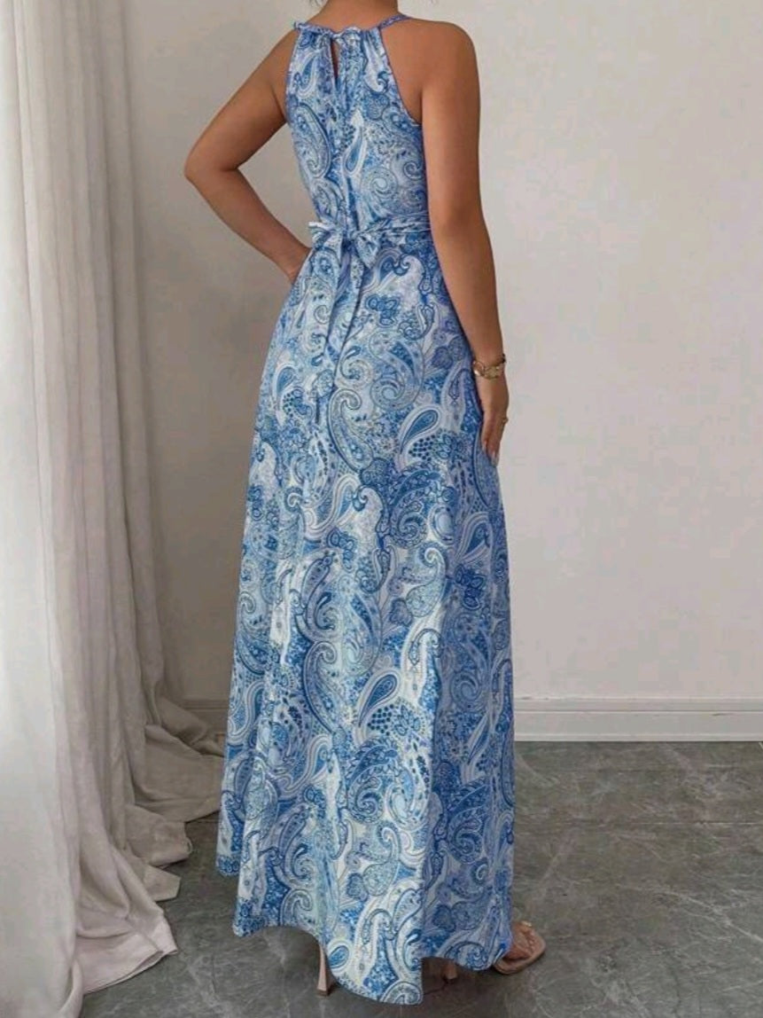 #3046 Sleeveless Halter Waist Gathering Printed A-Line Dress