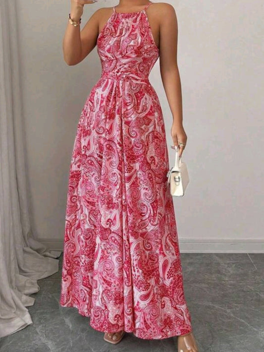 #6397  Sleeveless Neck-Tied Waist Flare Hem Printed Dress