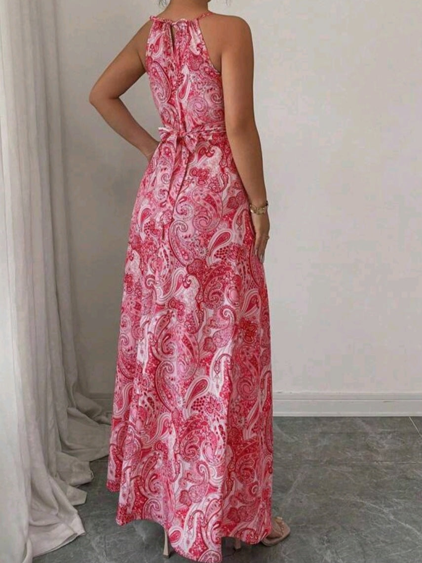 #6397  Sleeveless Neck-Tied Waist Flare Hem Printed Dress