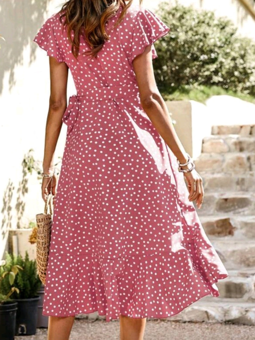 #2728  Polka Dot Print Crossover Wrap Tie Dress