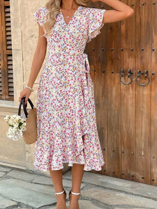 #6468 Floral Printed Wrap Style Midi Dress