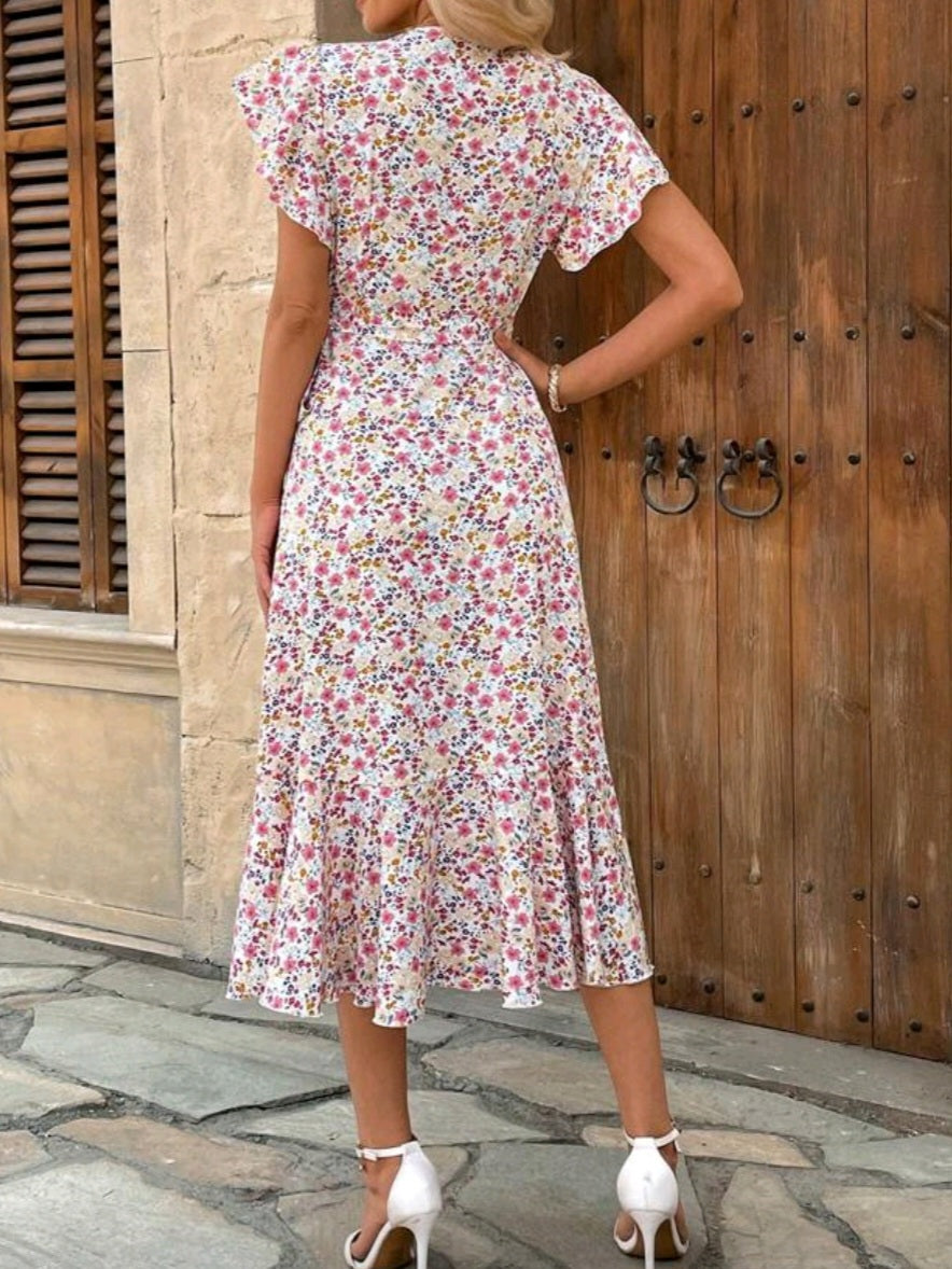 #6468 Floral Printed Wrap Style Midi Dress