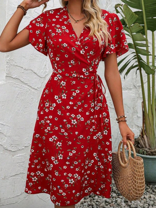 #6920 Butterfly Sleeve Knot Side Wrap Dress