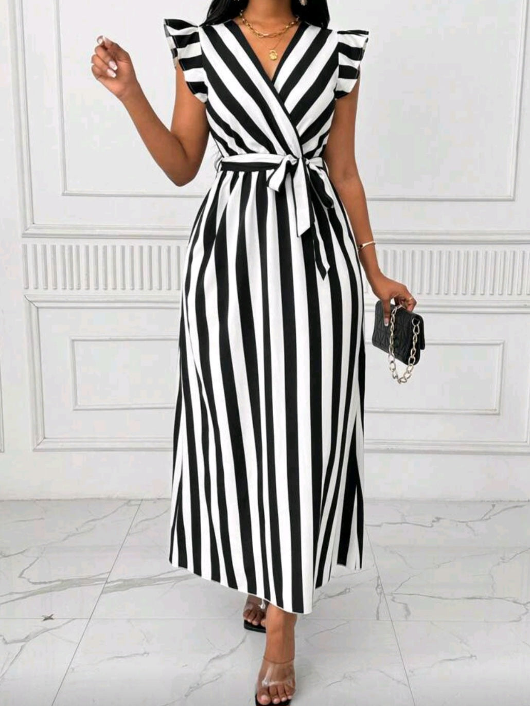 #2500 V-Neck Cinched Waist Fit & Flare Tie Waist Long Dress