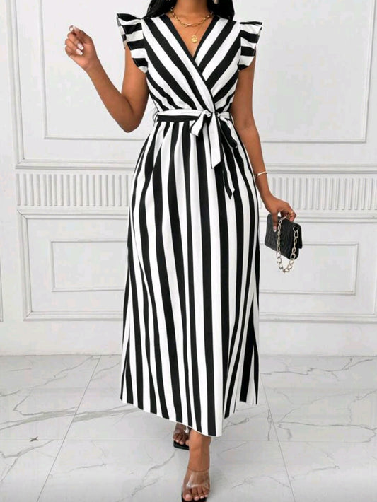 #2500 V-Neck Cinched Waist Fit & Flare Tie Waist Long Dress