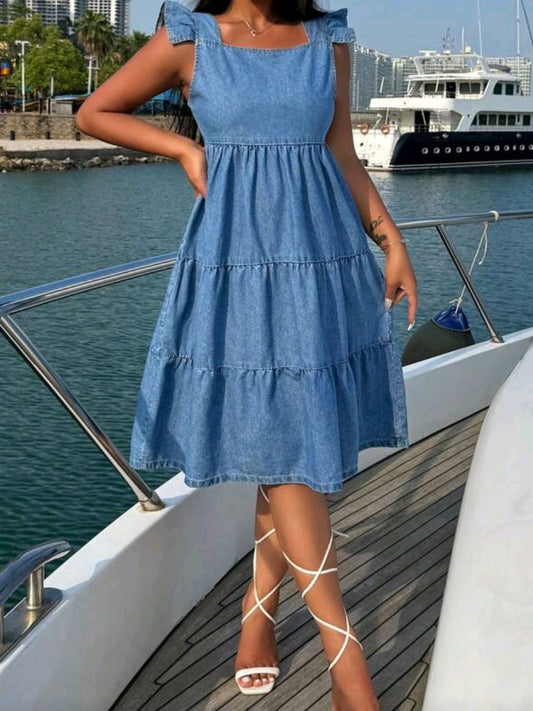 #0446 Denim Dress With Ruffle Hem