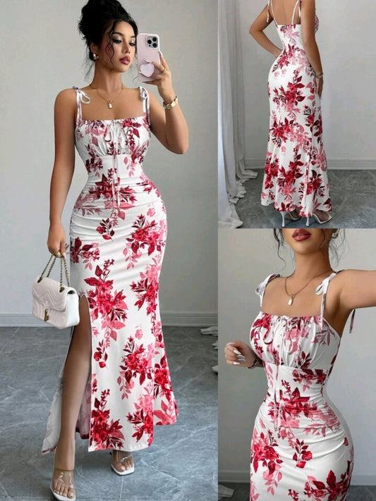 0330 Spaghetti Strap Tie Bow Waist Ruched Hem Slit Design Dress