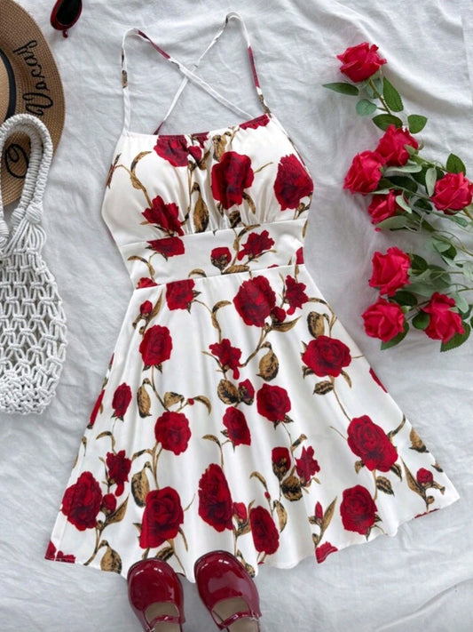#(8064) 4681 Floral Print Spaghetti Strap Backless A-Line Mini Dress
