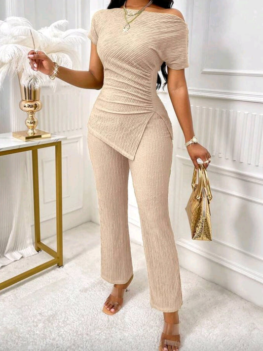 #3589 Asymmetrical Neck Split Hem Ruched Top & Flare Leg Pants