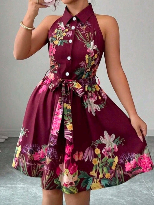#1226 Elegant Floral Print Sleeveless Belted Dress