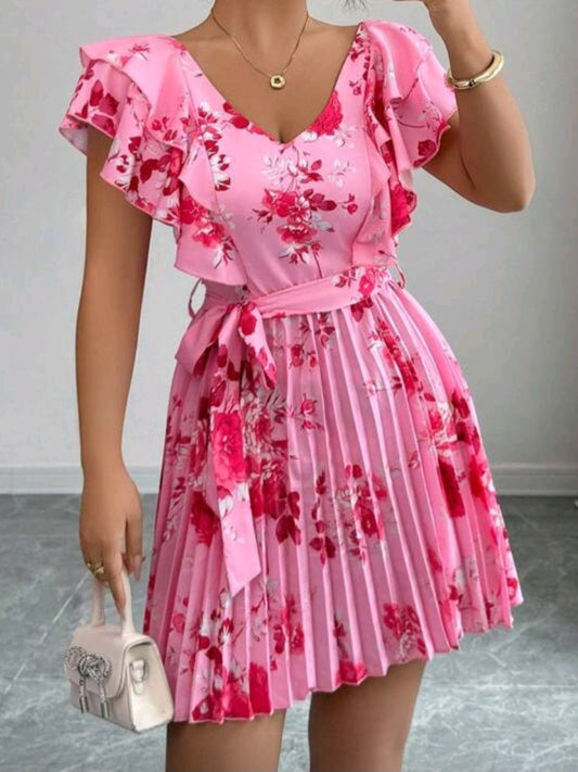#4410 V-Neck Cinched Waist A-Line Floral Print Dress
