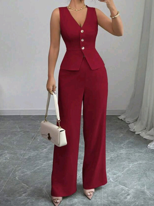 #7674 Elegant Sleeveless Top And Pants Suit Set