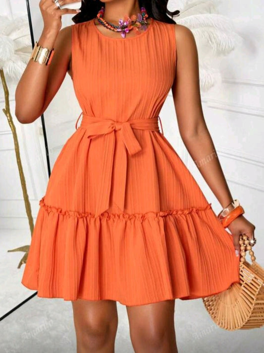#5722 Solid Color A- Line Tie Waist Dress