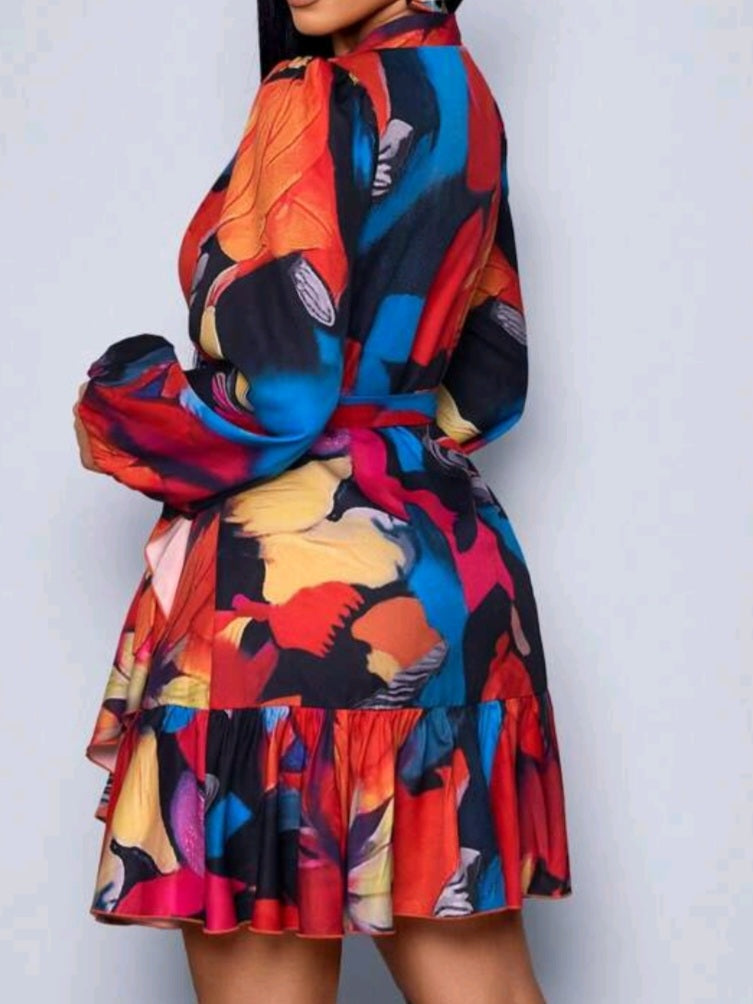 TT- #3000 Elegant Floral Print Lantern Sleeve Knot Side Ruffle Trim Wrap Dress