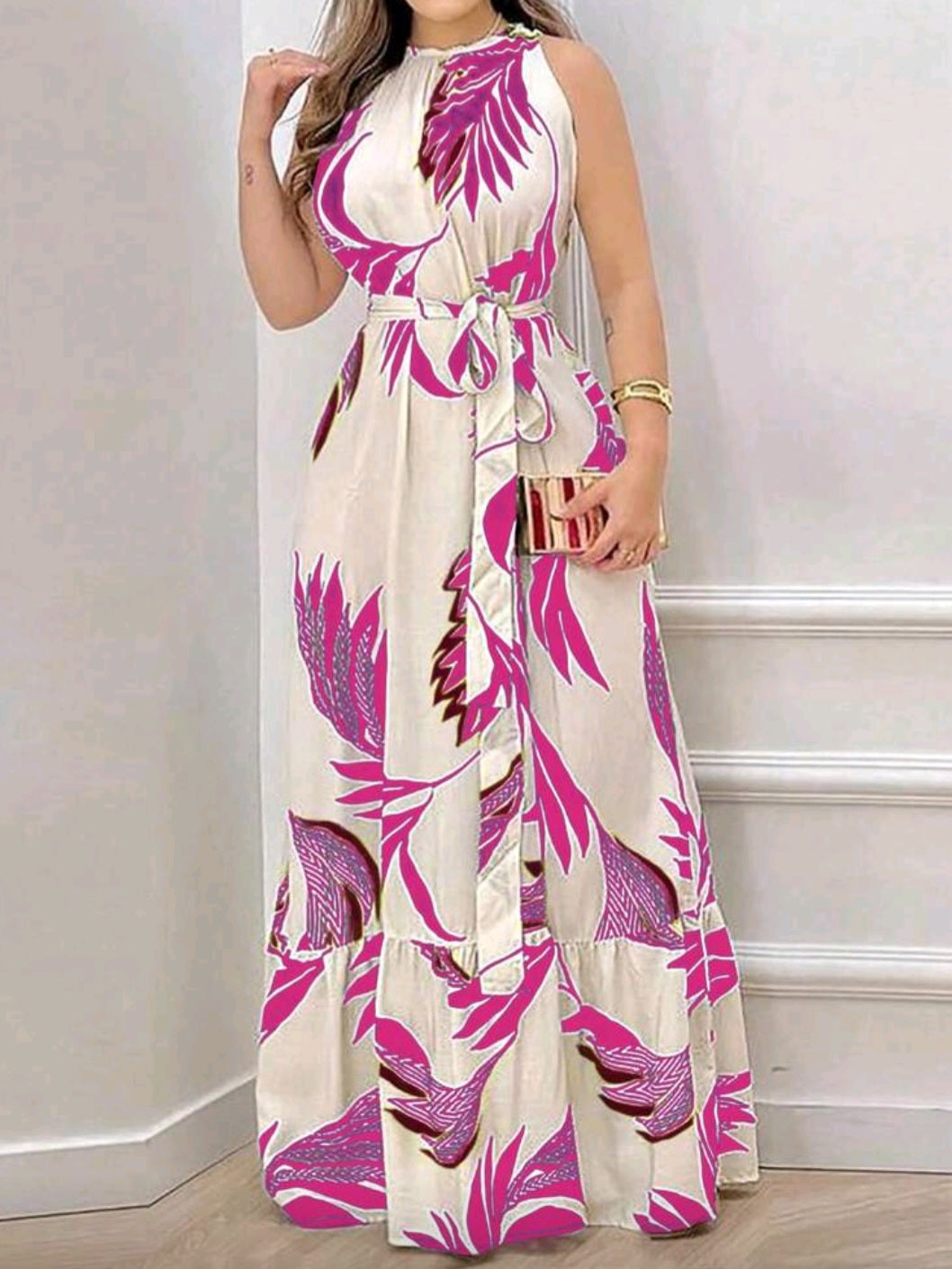 #9120 Sleeveless Maxi Dress With Leaves Print