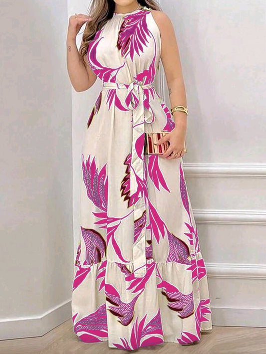#9120 Sleeveless Maxi Dress With Leaves Print