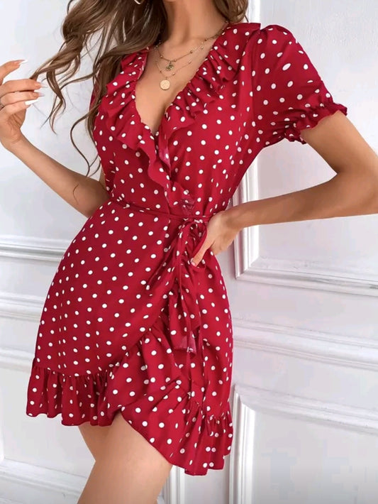 #2331 Polka Dot Print Belted Wrap Dress