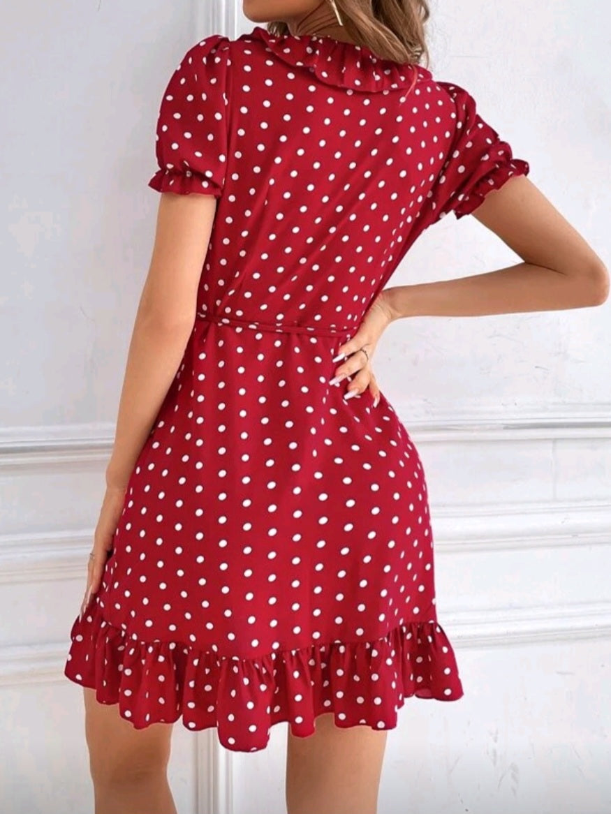 #2331 Polka Dot Print Belted Wrap Dress