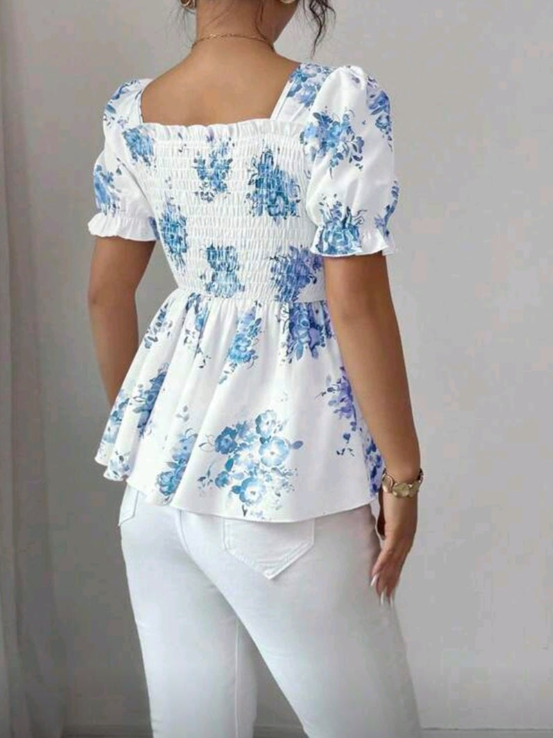 #9288 Ditsy Floral Waist Cinched Elegant Top