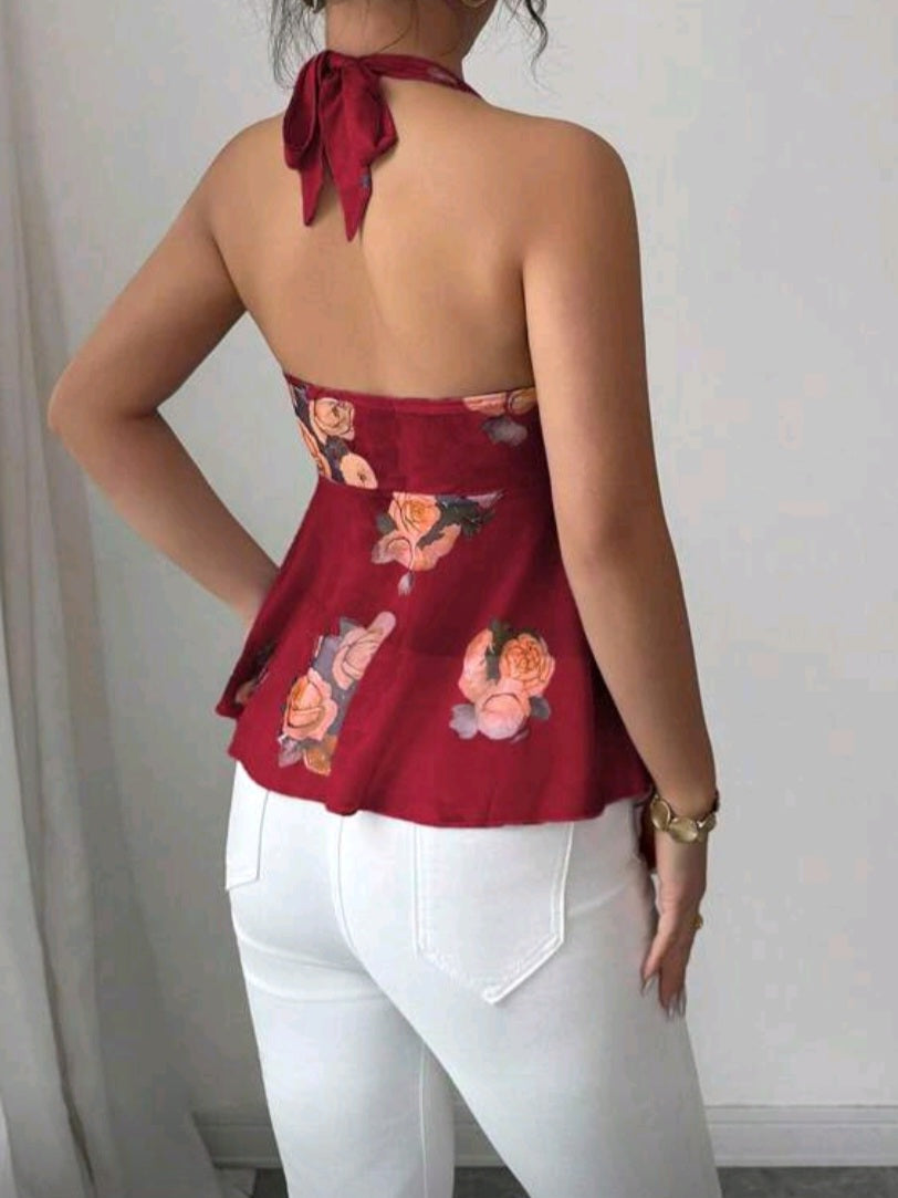 #1753 Strap Elastic Backless Printed Top - FULLY SEE THROUGH