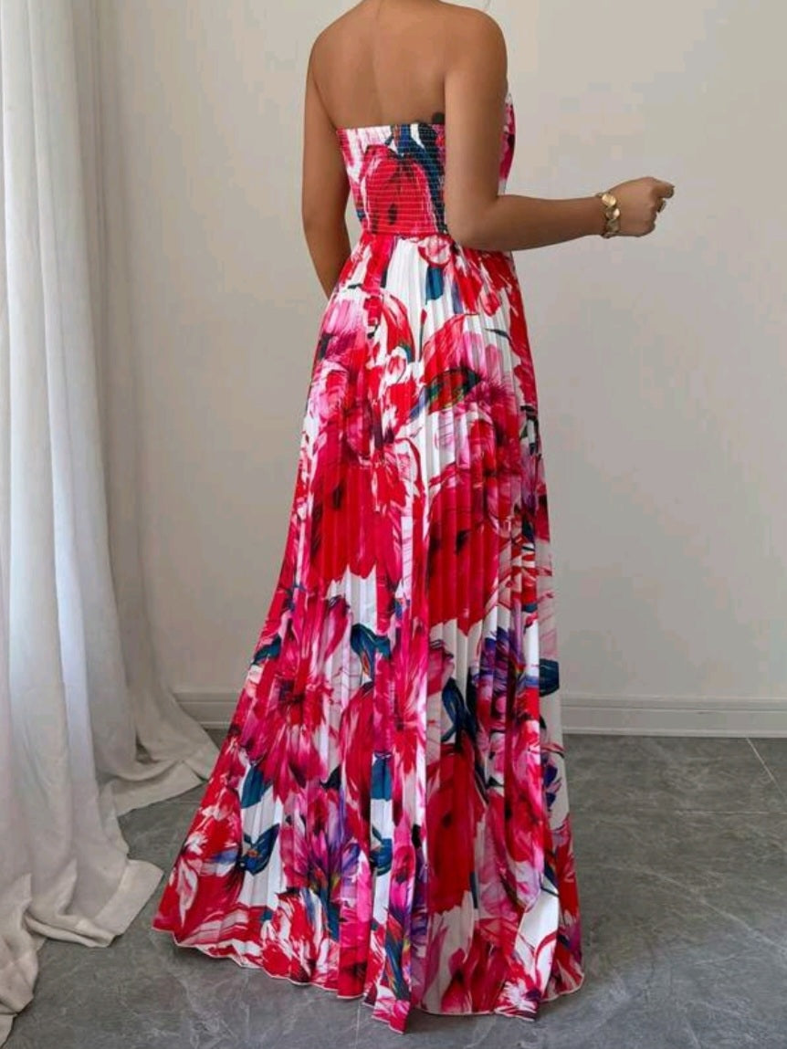 #6989 Strapless Shirred Waist Allover Print Dress