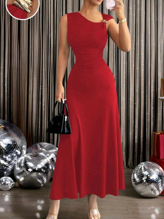 #1936 Asymmetrical Neckline Metal Decor Elegant Dress