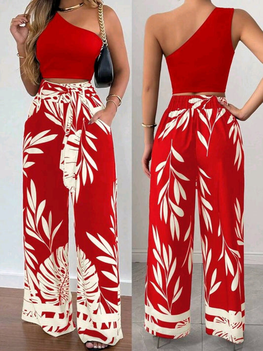 #5454 Fitted Tie-Belt Printed One-Shoulder Top And Straight-Leg Pants Set