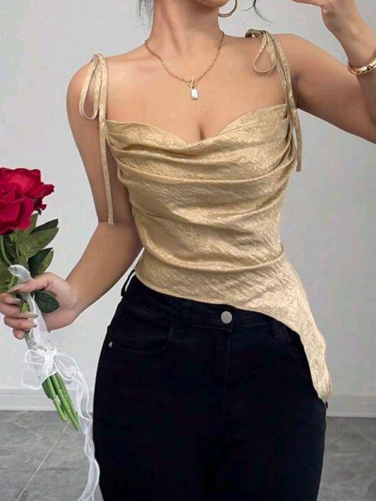 #9921 Metallic Asymmetric Plunge Neckline Top