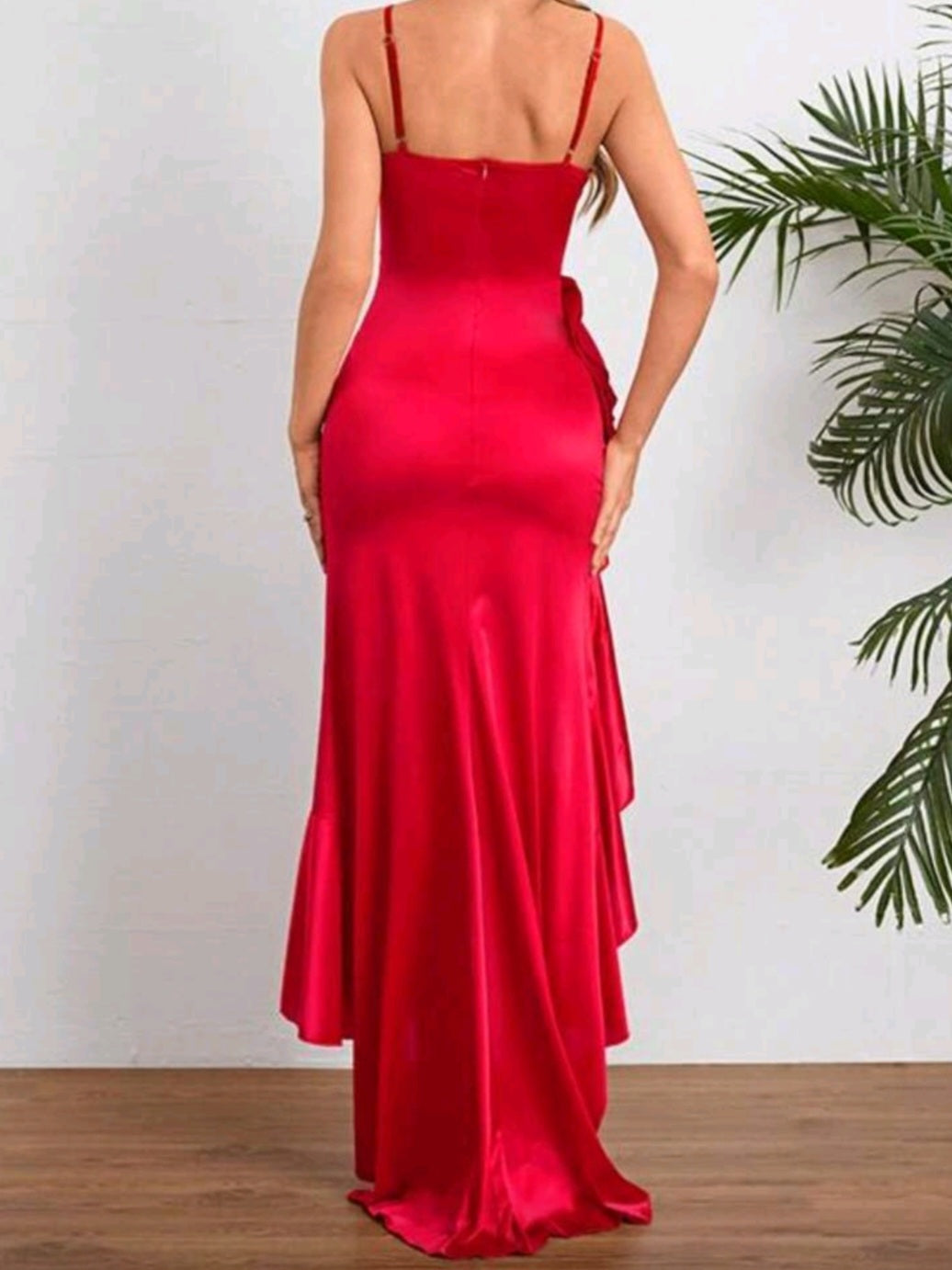 #1828 Elegant Spaghetti Strap Ruffle Trim Slit Dress