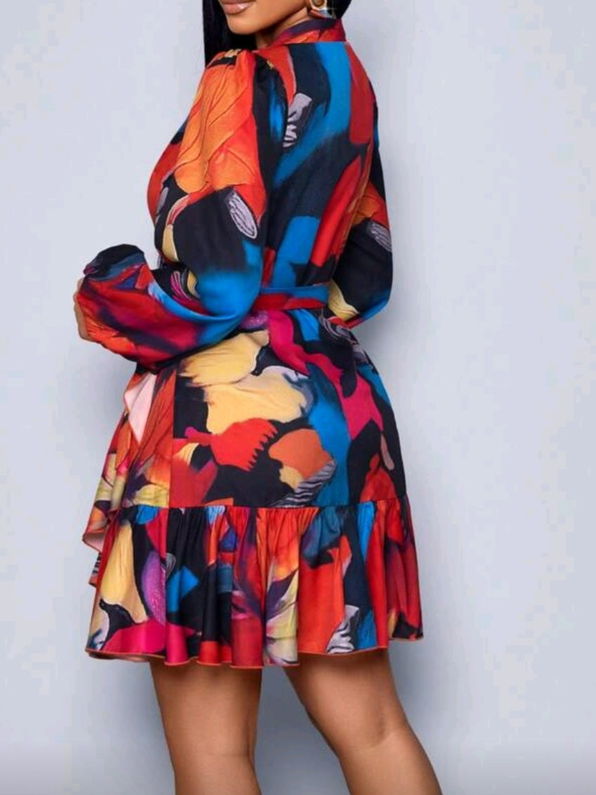 #3000 Lantern Sleeve Knot Side Ruffle Trim Wrap Dress