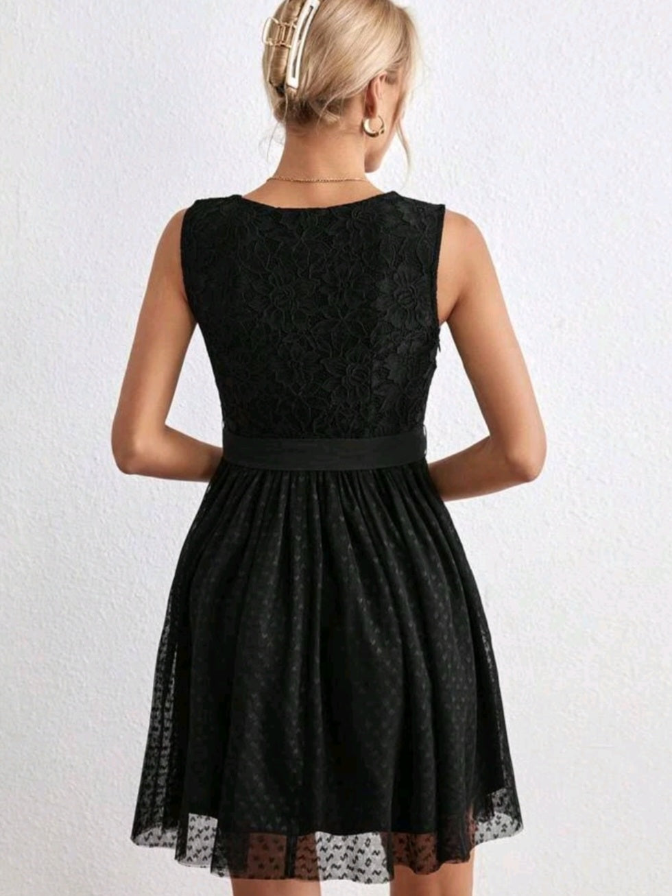 #5548 Lace Bodice Mesh Flare Hem Belted Dress