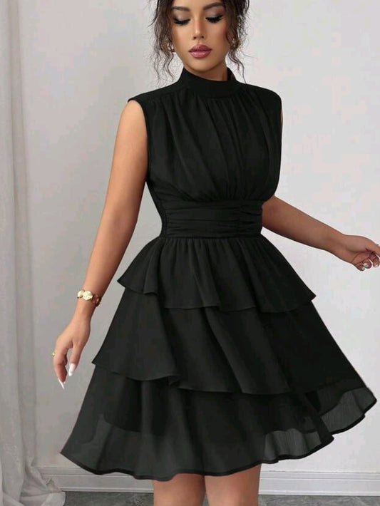 2888 Chiffon Crinkle Fabric Petite Collar Waist Gathered Layered Ruffle Hem Dress