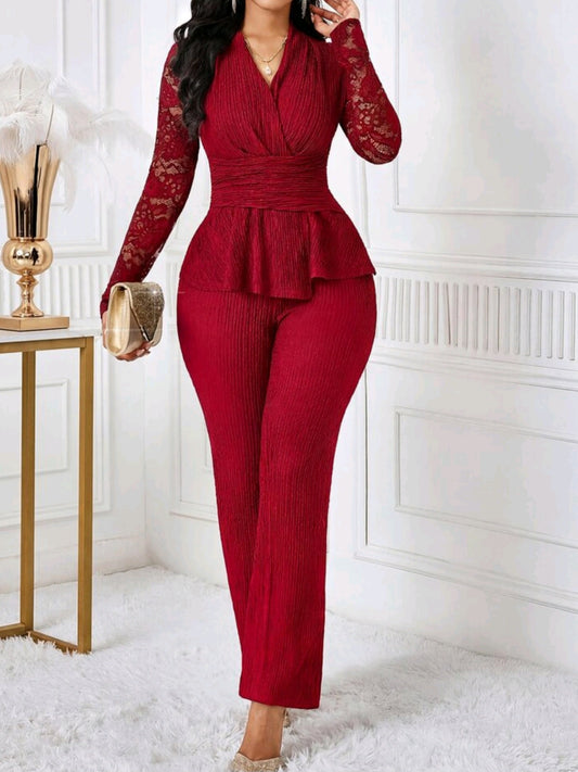 4976 Contrast Lace Long Sleeve Top And Flared Pants