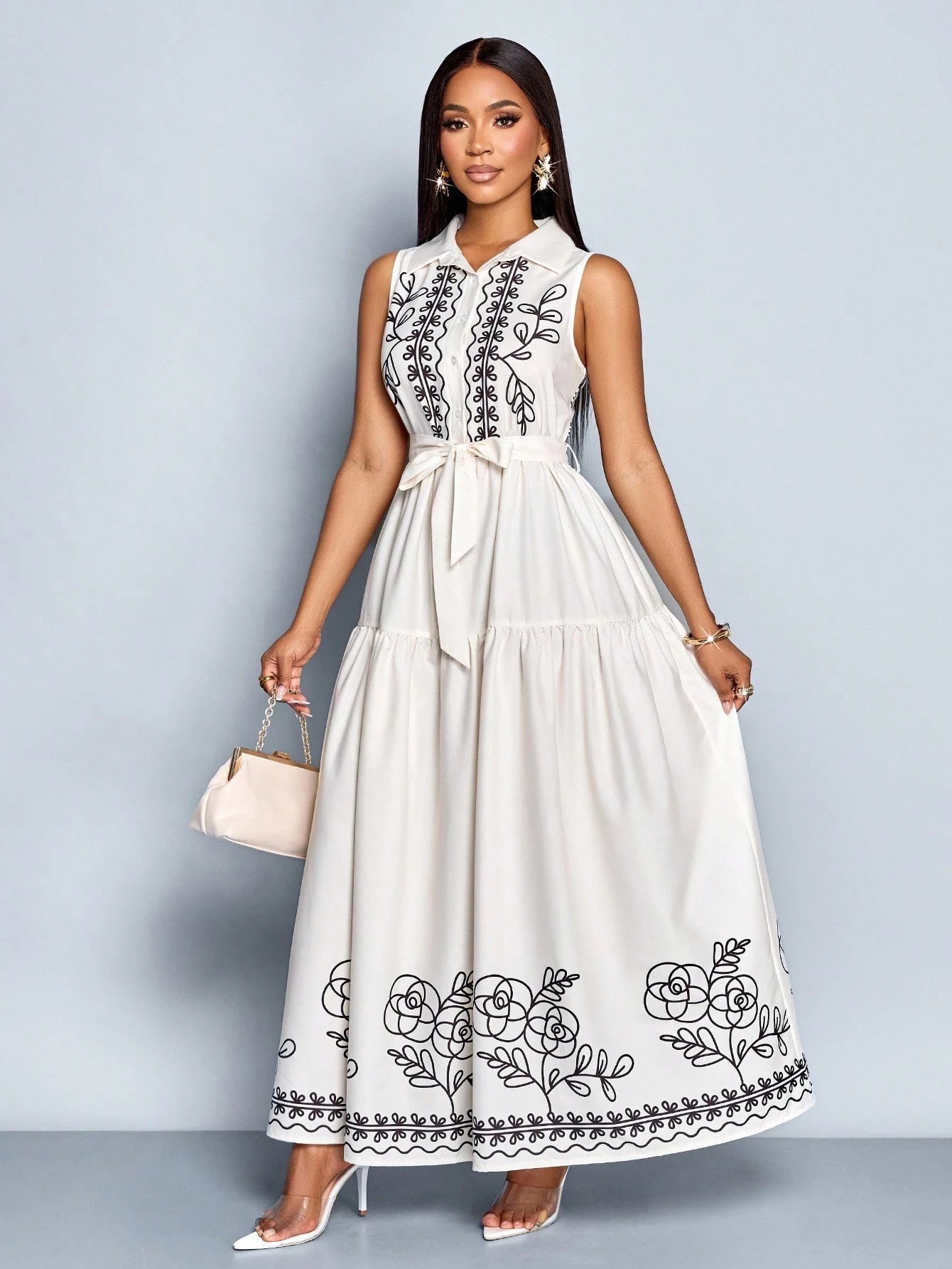 #0106 Sleeveless Collar Belted Dress With Floral Pattern