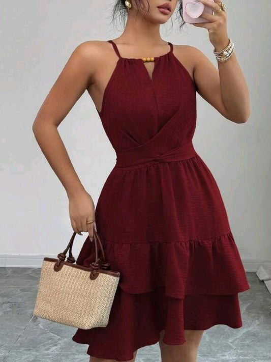 4061 Decor Buckle Bow Tie Design Sleeveless Fitted Slim Fit Flared Mini Dress
