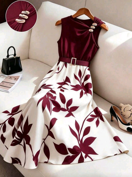 7663 Metal Buckle Asymmetric Collar Sleeveless A-Line Mid-Length Dress