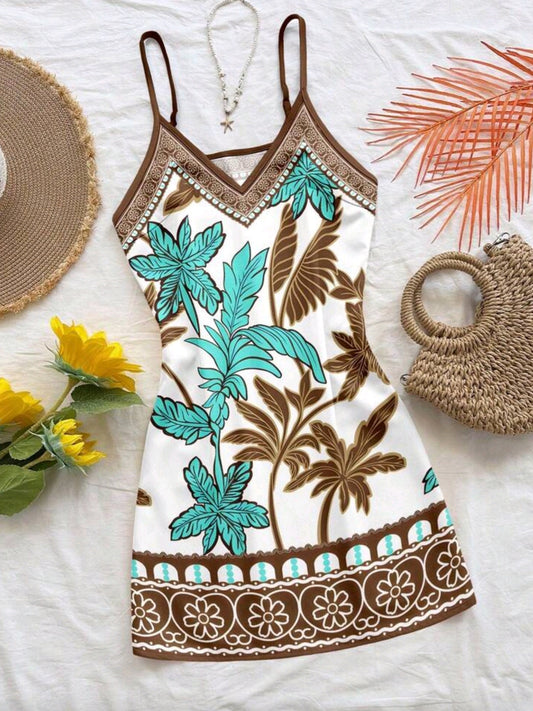 4036 Elegant Retro Beach Coconut Tree Floral Print Dress