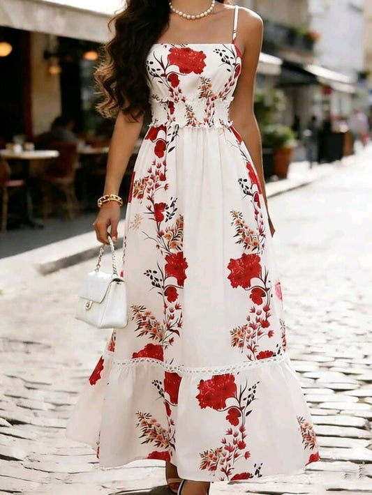 0068 Floral Print Cinched Waist Ruffle Hem A-Line Dress