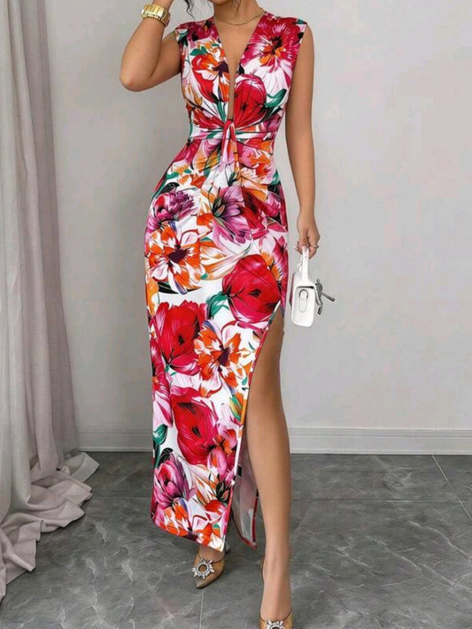 4935 V-Neck Ruffle Hem Slit A-Line Dress
