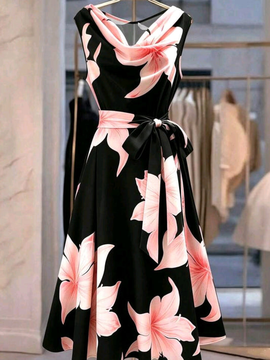 7998 Cowl Neck Sleeveless Tie Waist Dress
